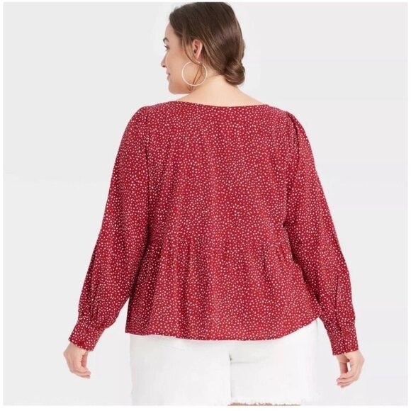 Ava & Viv Women’s Size 2X Red & White Babydoll Long Sleeve Blouse - Picture 2 of 8